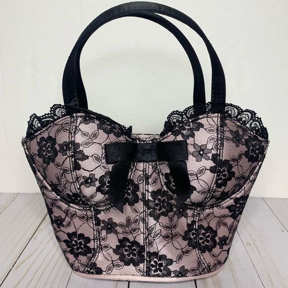 Handbags - BUSTIER CORSET mini pink and black lace purse